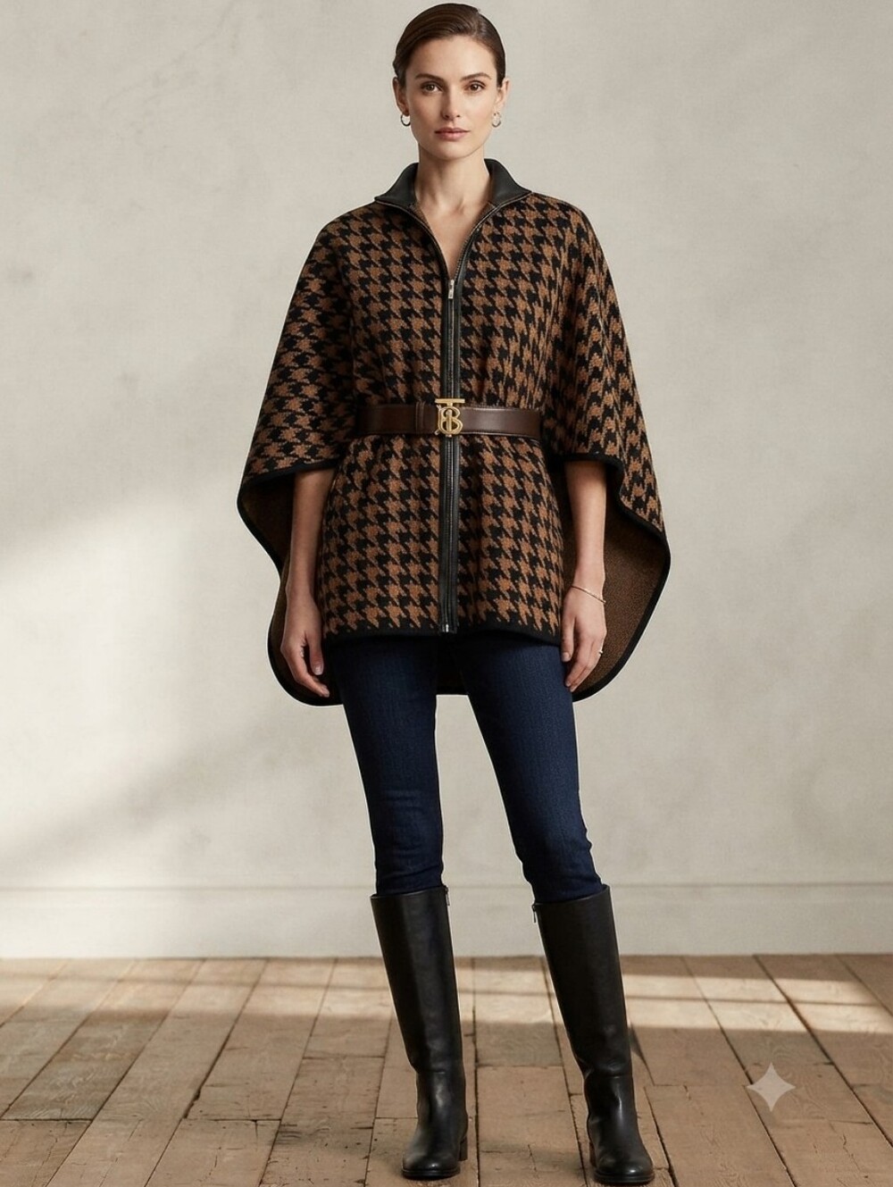 Rafaella Houndstooth Pattern Full Zip Poncho Cape Sweater Size M